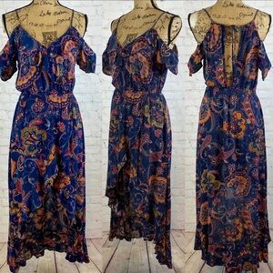Illa Illa Crinkly Paisley Print Ruffled Open Back High Lo Maxi